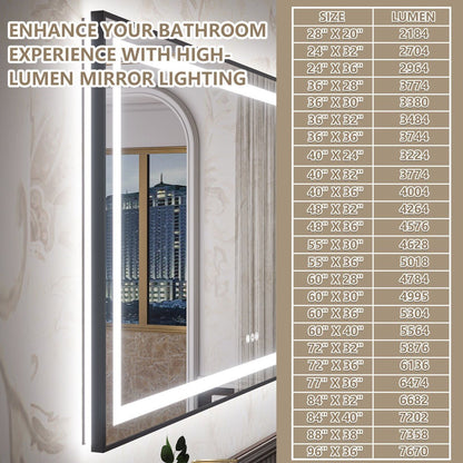 A bathroom mirror with integrated LED lighting shown in a real bathroom setting, with a size and lumen specification chart overlaid on the right side.