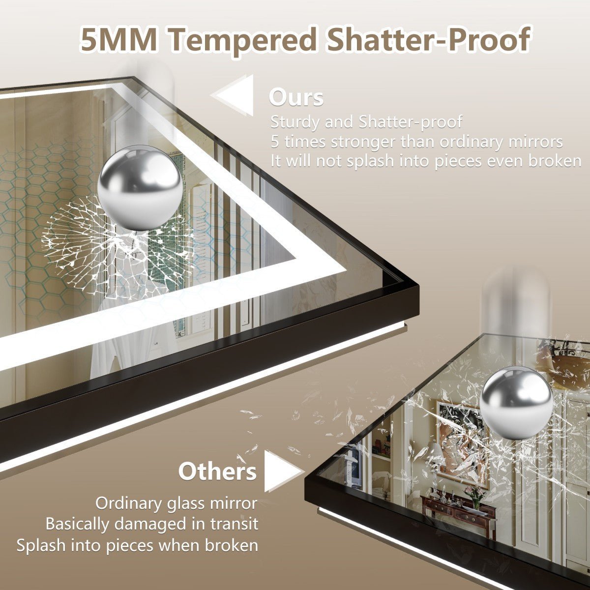 Promotional graphic for a tempered shatter-proof mirror, showing a large framed mirror labeled 'Ours' and a smaller ordinary mirror labeled 'Others' with text comparing shatter resistance. The image includes a silver hanging sphere and interior room reflections.