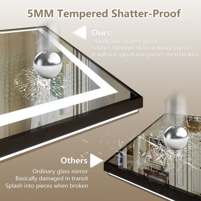 Promotional graphic for a tempered shatter-proof mirror, showing a large framed mirror labeled 'Ours' and a smaller ordinary mirror labeled 'Others' with text comparing shatter resistance. The image includes a silver hanging sphere and interior room reflections.