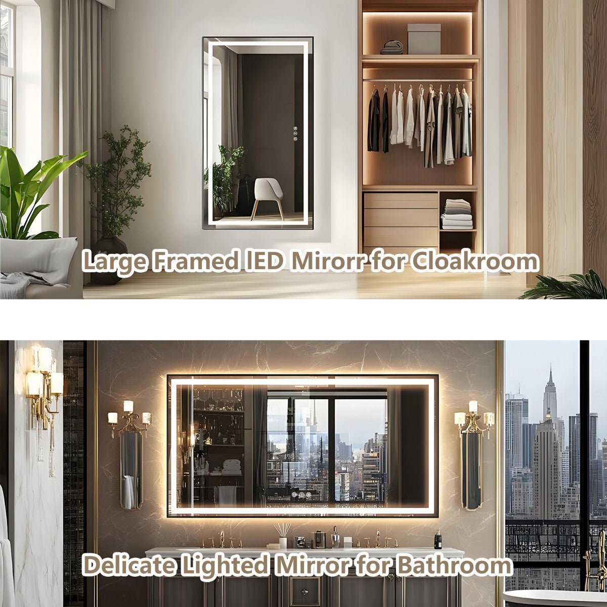 Two interior scene examples showing LED-framed mirrors: a large framed mirror for a cloakroom on the top half, and a delicate lighted bathroom mirror on the bottom half. The image includes overlaid text reading 'Large Framed LED Mirror for Cloakroom' and 'Delicate Lighted Mirror for Bathroom.