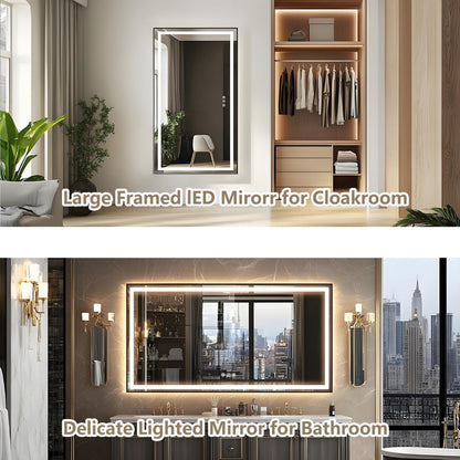 Two interior scene examples showing LED-framed mirrors: a large framed mirror for a cloakroom on the top half, and a delicate lighted bathroom mirror on the bottom half. The image includes overlaid text reading 'Large Framed LED Mirror for Cloakroom' and 'Delicate Lighted Mirror for Bathroom.