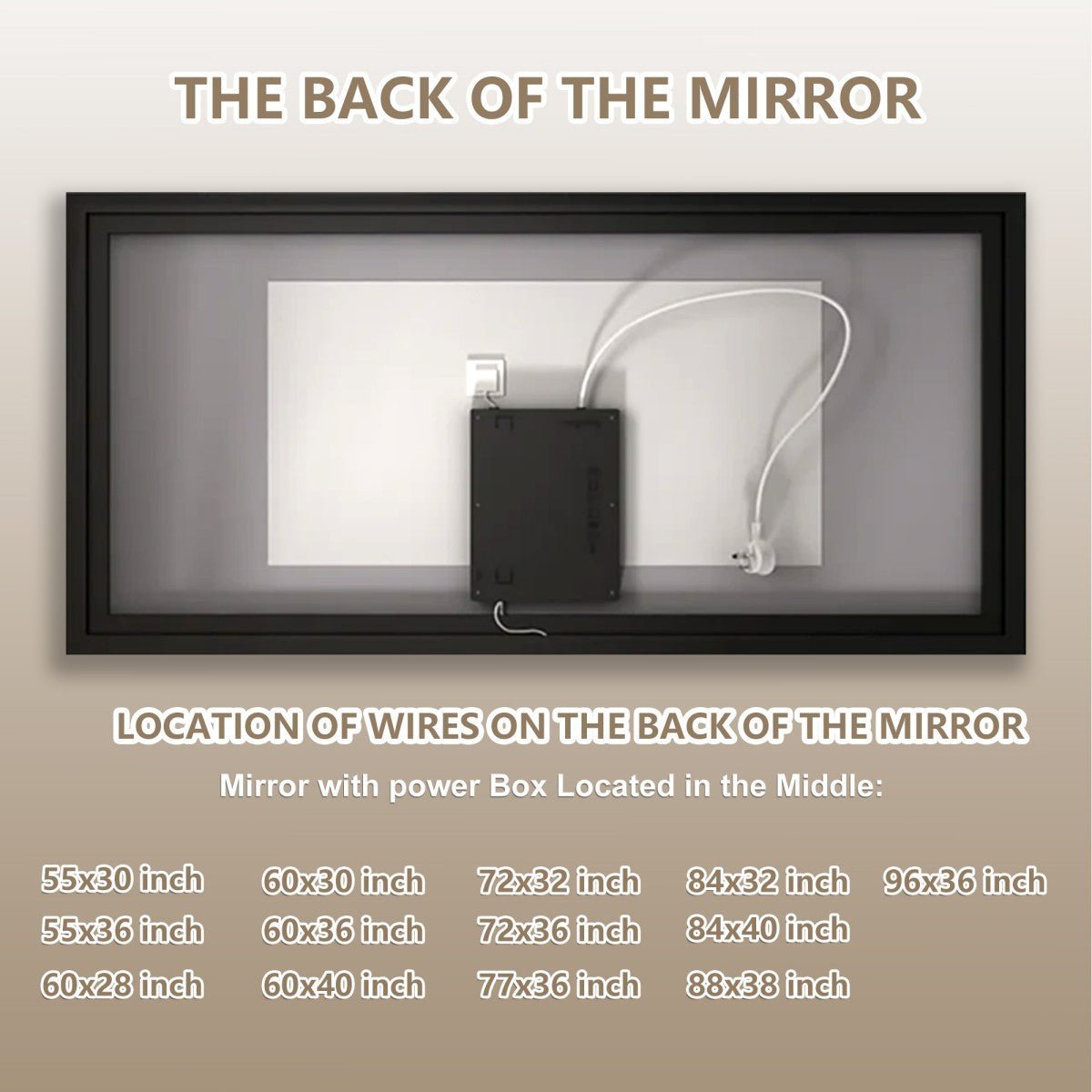 An informational product graphic showing the back of a rectangular mirror with a black frame and visible power cable/wall plug, with text reading 'THE BACK OF THE MIRROR' and 'LOCATION OF WIRES ON THE BACK OF THE MIRROR' plus size options at the bottom.