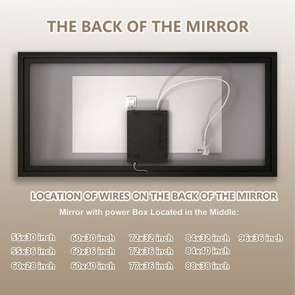 An informational product graphic showing the back of a rectangular mirror with a black frame and visible power cable/wall plug, with text reading 'THE BACK OF THE MIRROR' and 'LOCATION OF WIRES ON THE BACK OF THE MIRROR' plus size options at the bottom.