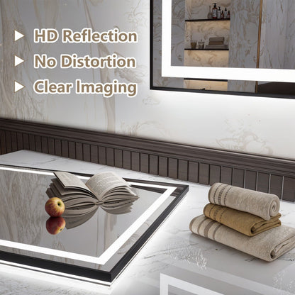A bathroom scene showing a rectangular LED lighted mirror mounted on a wall above a matching lighted vanity table. HD Reflection, No Distortion, and Clear Imaging.