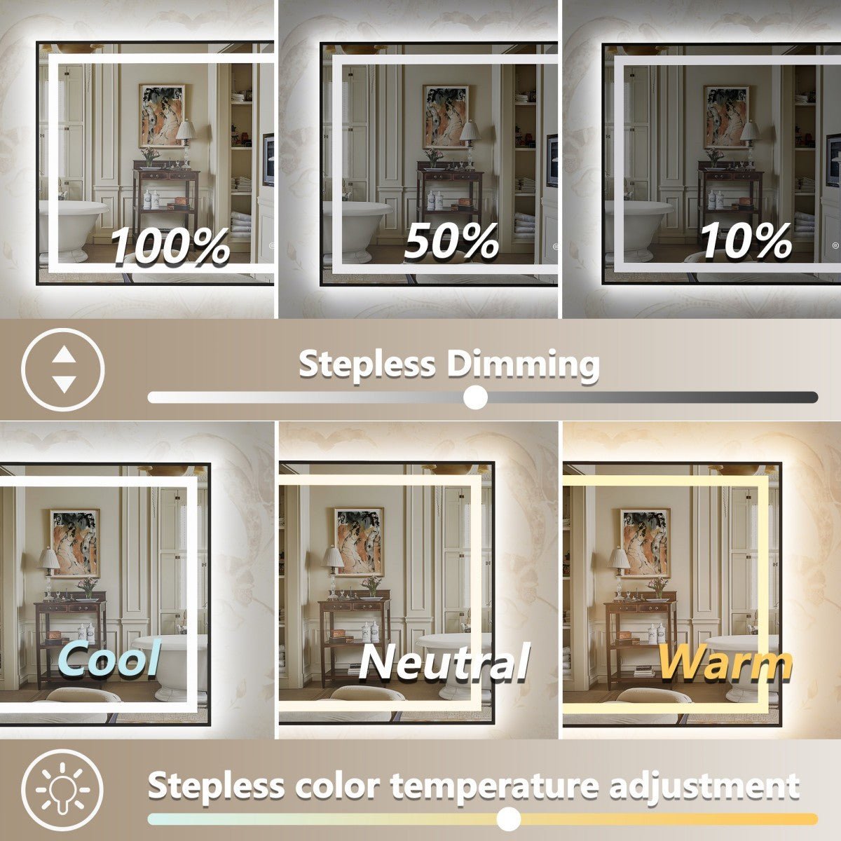 A product feature graphic showing a lighted mirror with three brightness settings labeled 100%, 50%, and 10%, plus cool, neutral, and warm color temperature options. The top row shows the mirror reflecting an interior room, and the bottom row includes a dimming slider and a color adjustment slider.