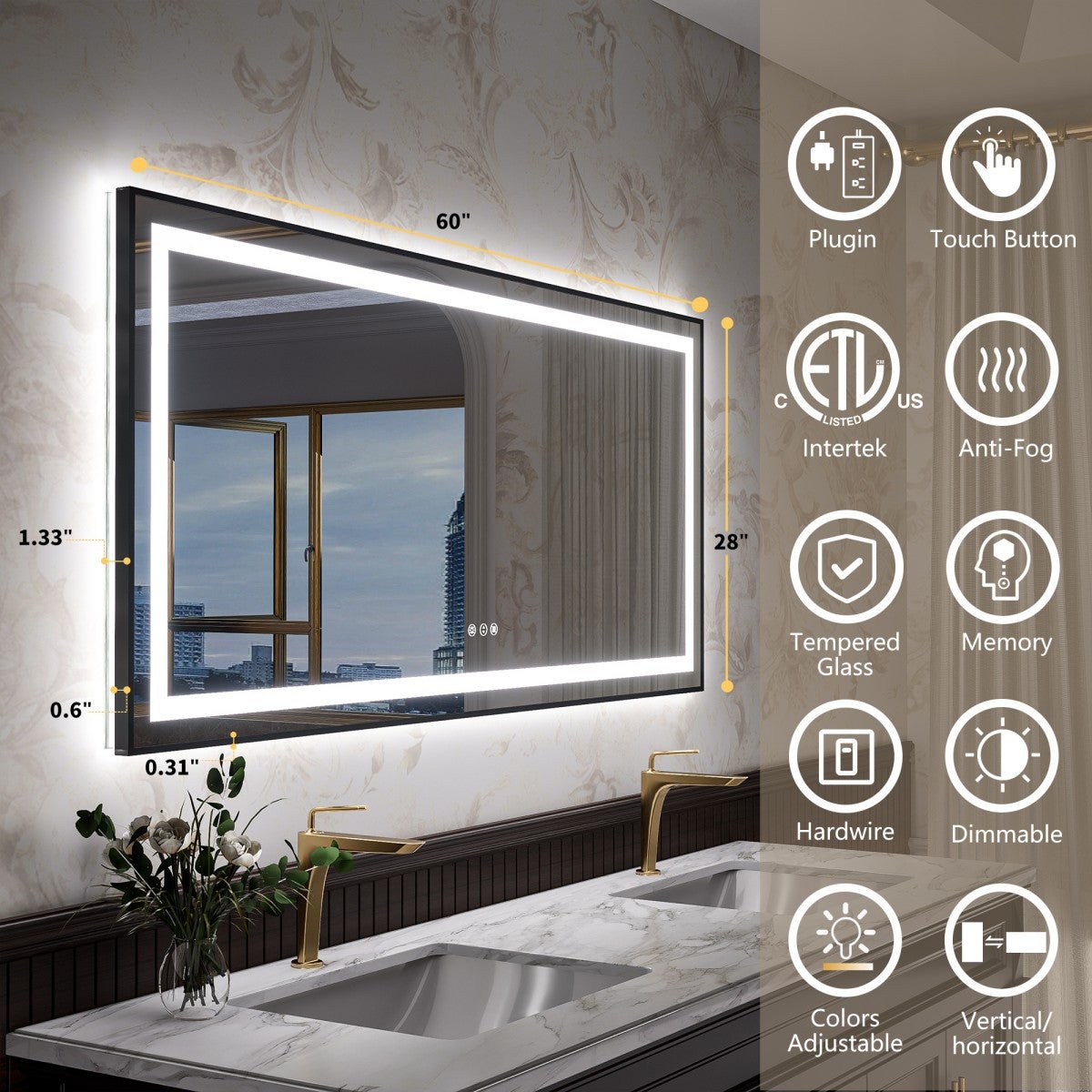 Apex - B 60x28in vanity with lights and mirror for Bathroom Wall,Framed LED Bathroom Mirror,Anti - Fog,Shatter - Proof,ETL Listed