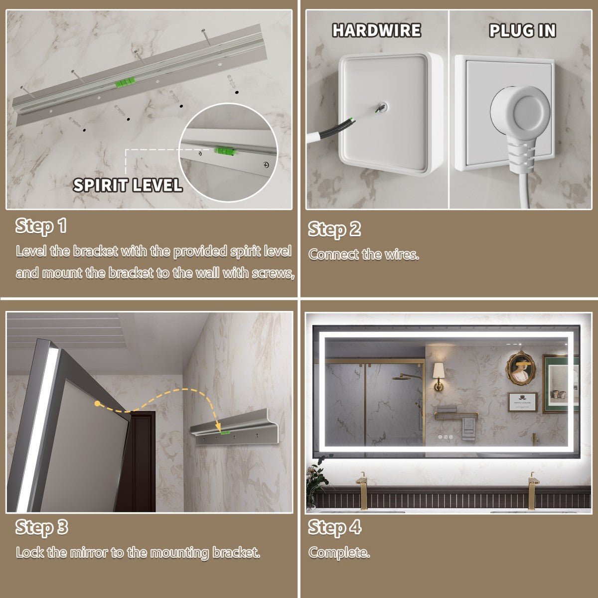 A four-panel instructional graphic showing how to install a wall-mounted LED mirror. 