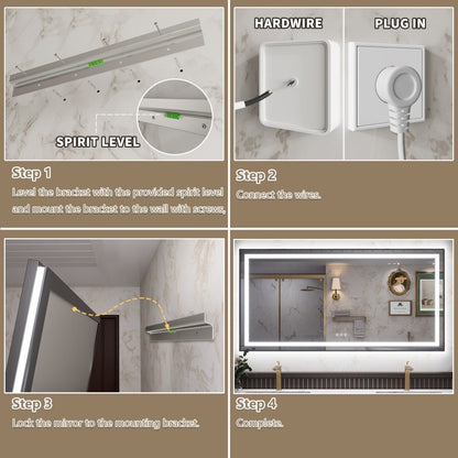 A four-panel instructional graphic showing how to install a wall-mounted LED mirror. 