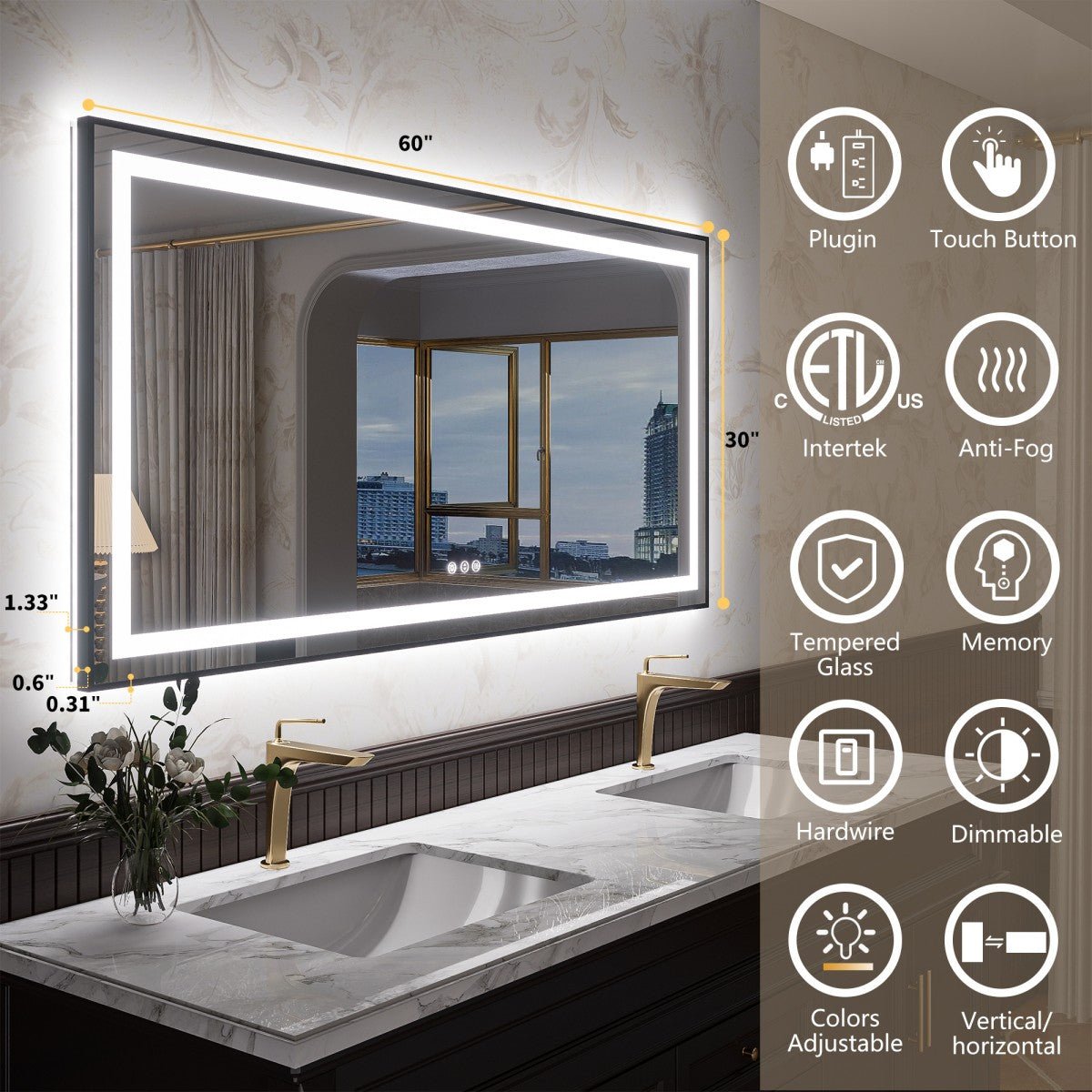 Apex - B 60x30in vanity with lights and mirror for Bathroom Wall,Framed LED Bathroom Mirror,Anti - Fog,Shatter - Proof,ETL Listed