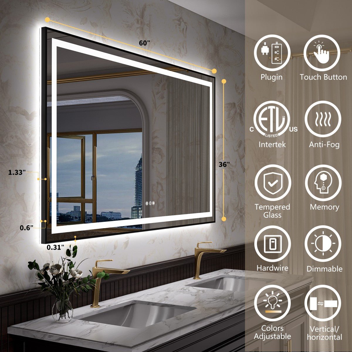 Apex - B 60x36in vanity with lights and mirror for Bathroom Wall,Framed LED Bathroom Mirror,Anti - Fog,Shatter - Proof,ETL Listed