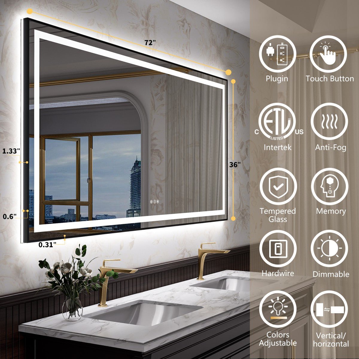 Apex - B 72x36in vanity with lights and mirror for Bathroom Wall,Framed LED Bathroom Mirror,Anti - Fog,Shatter - Proof,ETL Listed