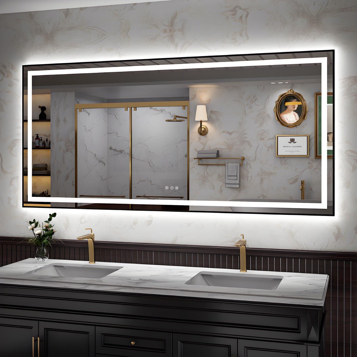 A large rectangular LED-backlit bathroom mirror with a slim black frame, mounted above a double-sink vanity in a modern bathroom setting.