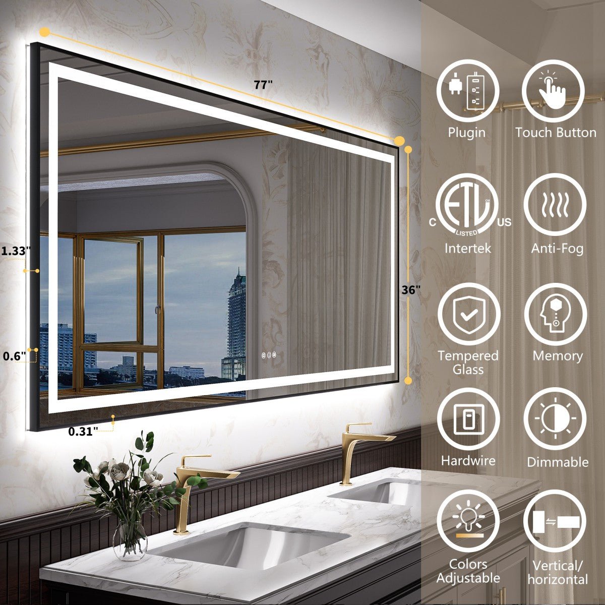Apex - B 77x36in vanity with lights and mirror for Bathroom Wall,Framed LED Bathroom Mirror,Anti - Fog,Shatter - Proof,ETL Listed