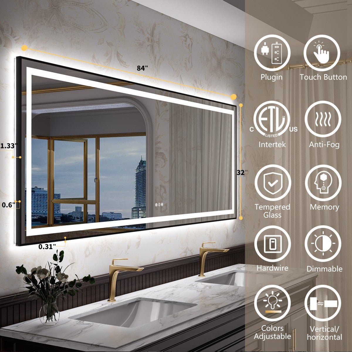 Apex - B 84x32in vanity with lights and mirror for Bathroom Wall,Framed LED Bathroom Mirror,Anti - Fog,Shatter - Proof,ETL Listed