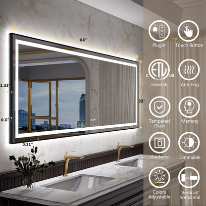 Apex - B 84x32in vanity with lights and mirror for Bathroom Wall,Framed LED Bathroom Mirror,Anti - Fog,Shatter - Proof,ETL Listed