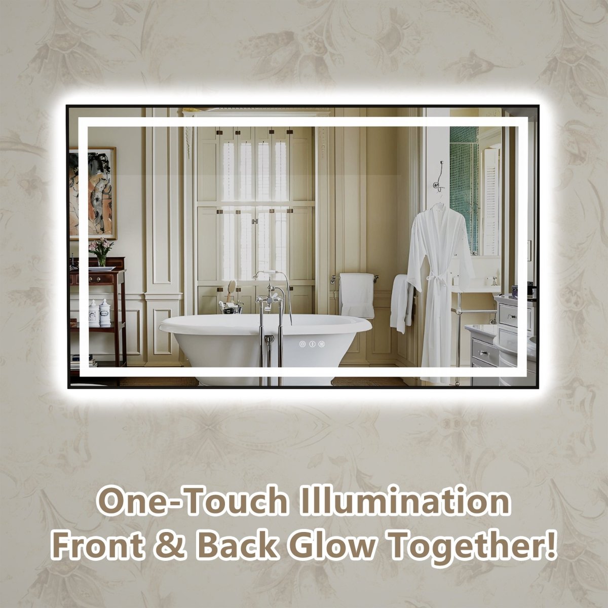 A rectangular backlit bathroom mirror with a one-touch illumination (front & back glow together), shown mounted on a beige patterned wall. 