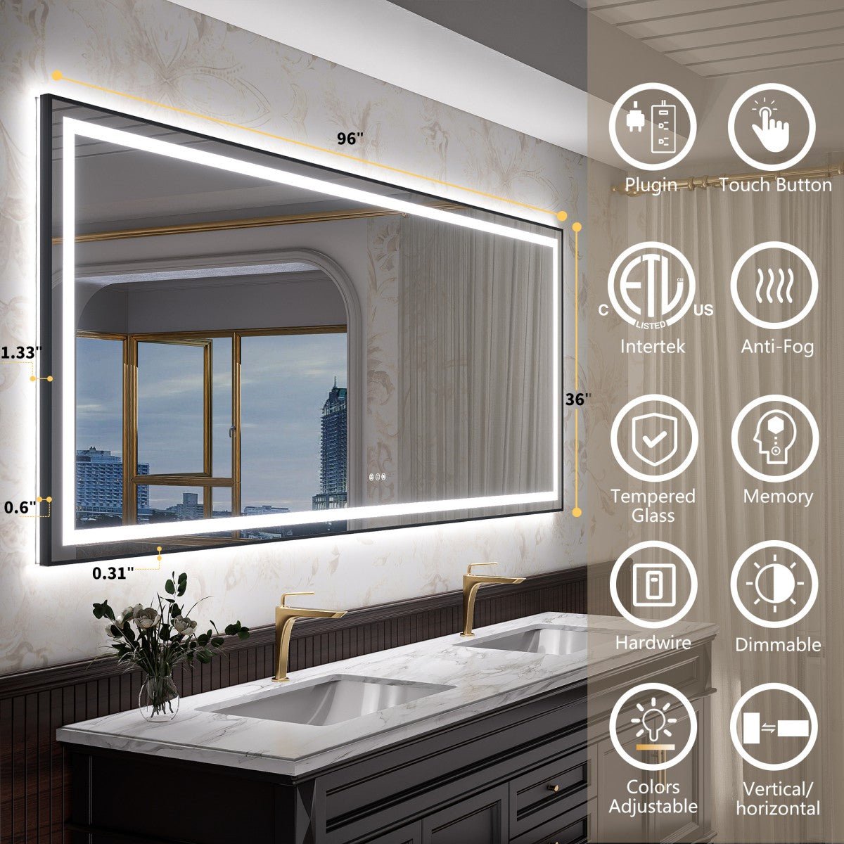 Apex - B 96x36in vanity with lights and mirror for Bathroom Wall,Framed LED Bathroom Mirror,Anti - Fog,Shatter - Proof,ETL Listed
