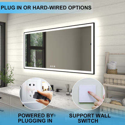 This LED bathroom mirror offers two power installation options — powered by plugging in or hard-wired — and supports wall switch control, as highlighted by the top banner reading "PLUG IN OR HARD-WIRED OPTIONS."
