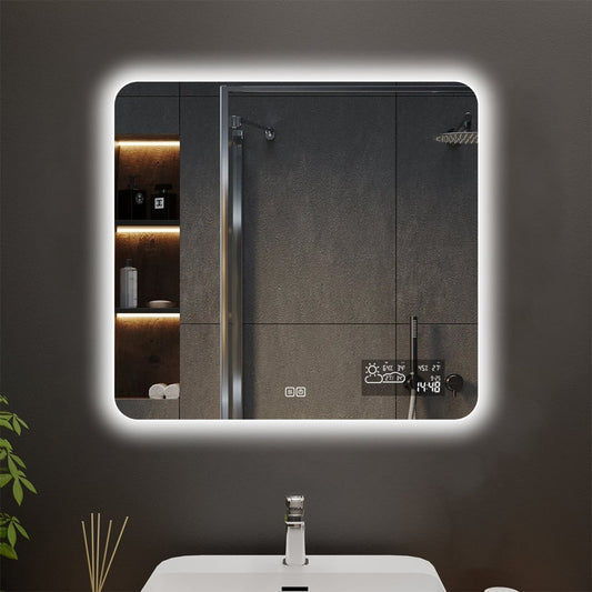 Arcs Customized Rectangle LED Bathroom Mirror, Backlit and Wifi Weather Station