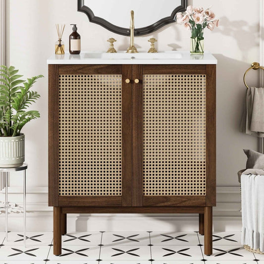 Arden 30-Inch Bathroom Vanity with Ceramic Sink and Rattan Doors