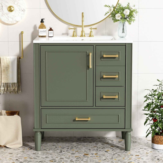 Aurelia 30-Inch Bathroom Vanity with Ceramic Sink and Gold Hardware