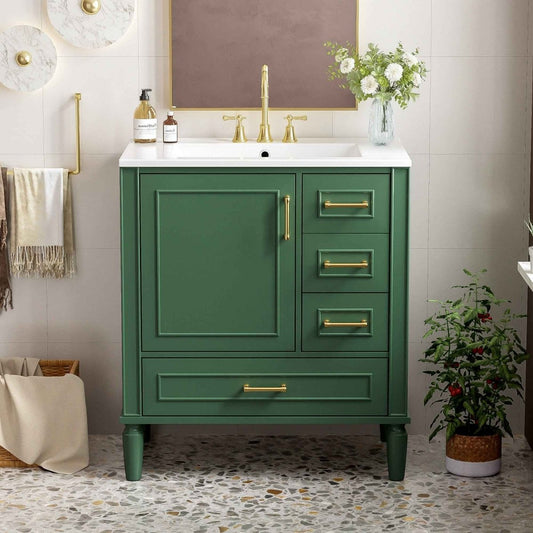 Aurelia 30-Inch Bathroom Vanity with Ceramic Sink and Gold Hardware