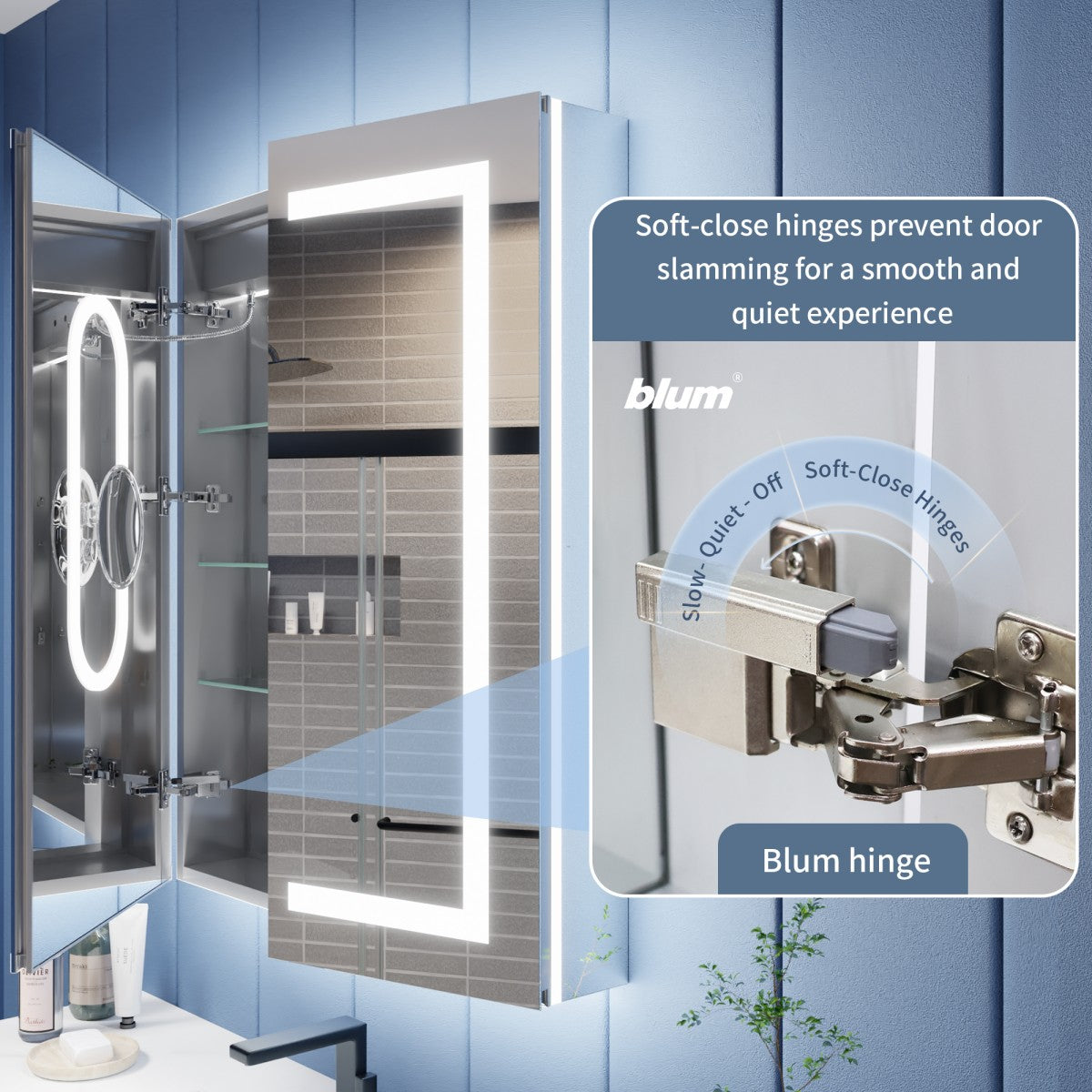 Bathroom with open shower door featuring Blum soft-close hinge technology.