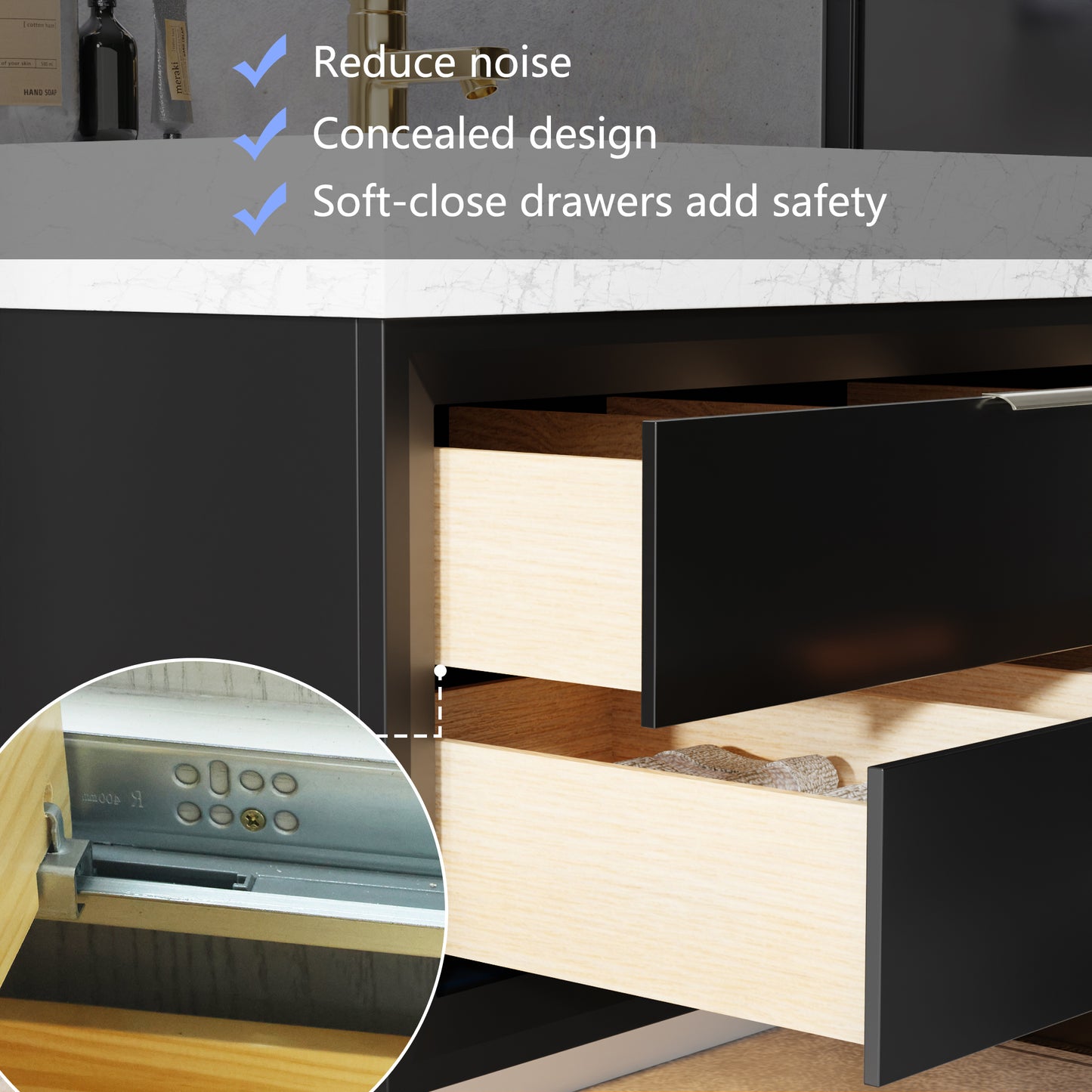Glam 48 Inch Bathroom Vanity with Top - Modern Floating Black Rubberwood Cabinet with Lights and Stone Slab Countertop, Single Sink