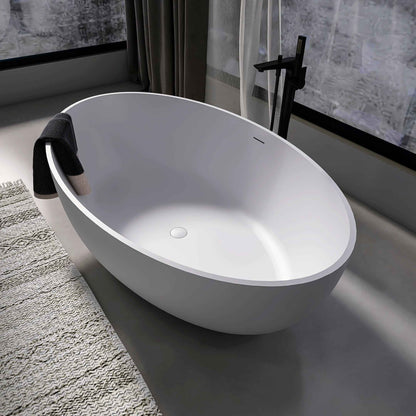 Exbrite 67" Solid Surface Freestanding Soaking Tub, Matte White Oval Luxury Bathtub for Modern Bathrooms