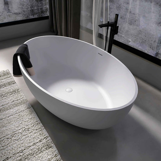 Exbrite 67" Solid Surface Freestanding Soaking Tub, Matte White Oval Luxury Bathtub for Modern Bathrooms