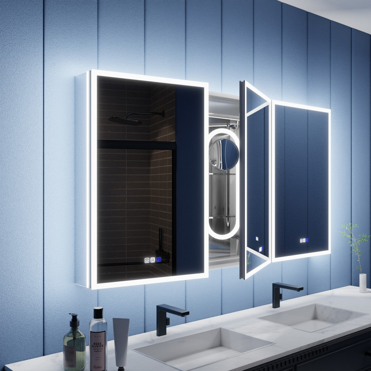 Illusion 72" x 32" LED Lighted Mirrored Medicine Cabinet with Front and Back Magnifiers