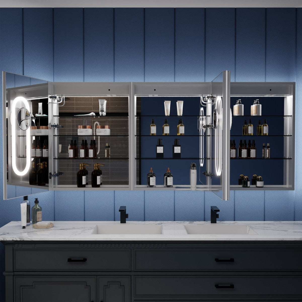 Illusion 72" x 32" LED Lighted Mirrored Medicine Cabinet with Front and Back Magnifiers