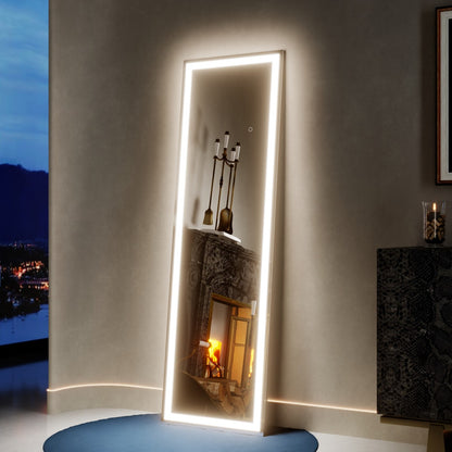 Nivor 34″ × 82″ Dimmable LED Full-Length Floor Mirror with Stand, 3-Color Lights & Wall-Mount Option