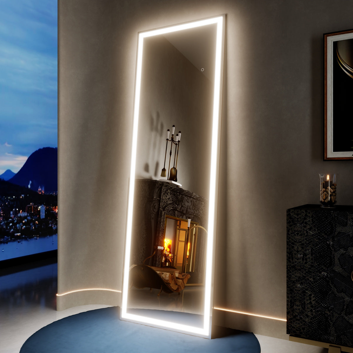 Nivor 67"x22" Dimmable LED Full-Length Floor Framed Mirror with Stand, 3-Color Lights & Wall-Mount Option