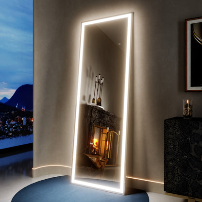 Nivor 65"x22" Dimmable LED Full-Length Floor Framed Mirror with Stand, 3-Color Lights & Wall-Mount Option