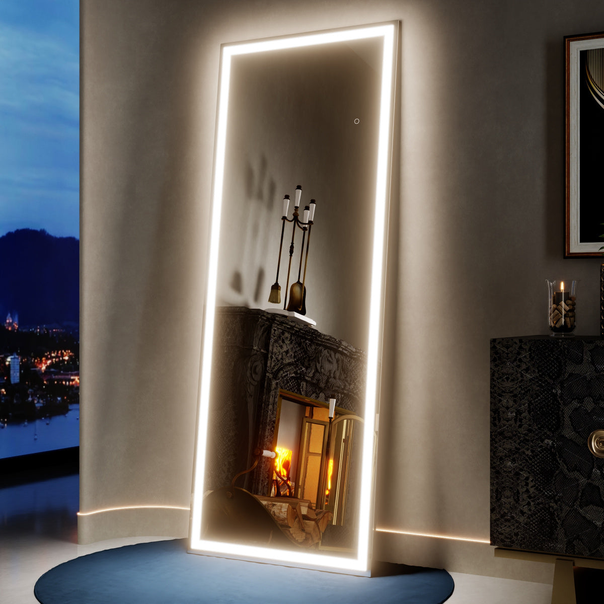 Nivor 63"x24" Dimmable LED Full-Length Floor Framed Mirror with Stand, 3-Color Lights & Wall-Mount Option