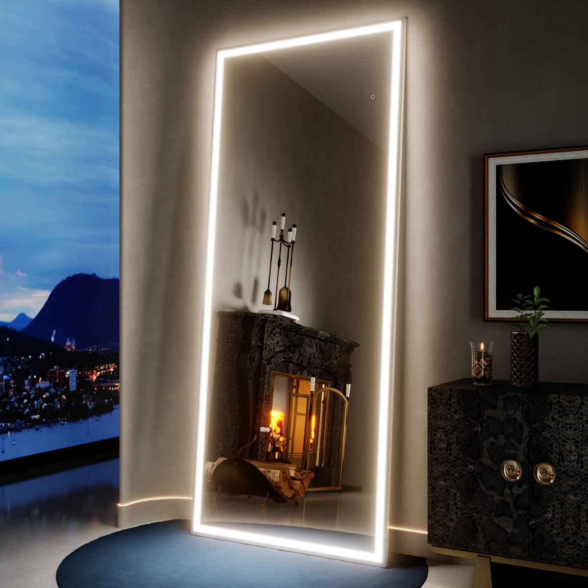 Nivor 82"x34" Dimmable LED Full-Length Floor Framed Mirror with Stand, 3-Color Lights & Wall-Mount Option