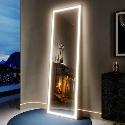Nivor 67"x20" Dimmable LED Full-Length Floor Framed Mirror with Stand, 3-Color Lights & Wall-Mount Option
