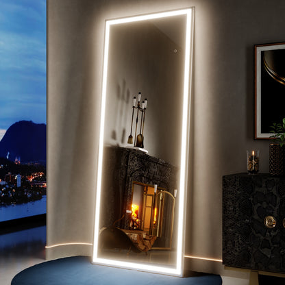 Nivor 71"x28" Dimmable LED Full-Length Floor Framed Mirror with Stand, 3-Color Lights & Wall-Mount Option