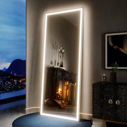Nivor 80"x32" Dimmable LED Full-Length Floor Framed Mirror with Stand, 3-Color Lights & Wall-Mount Option
