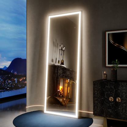 Nivor 75"x28" Dimmable LED Full-Length Floor Framed Mirror with Stand, 3-Color Lights & Wall-Mount Option