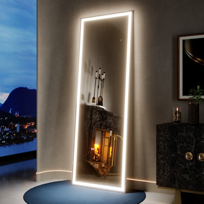 Nivor 71"x24" Dimmable LED Full-Length Floor Framed Mirror with Stand, 3-Color Lights & Wall-Mount Option