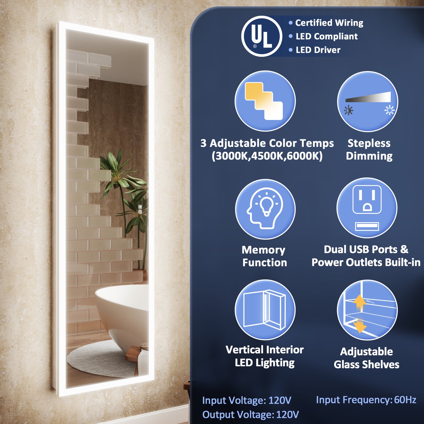 Allsum 16-1/8" x 70-1/8" Full Length Lighted Frameless Single Door Medicine Cabinet