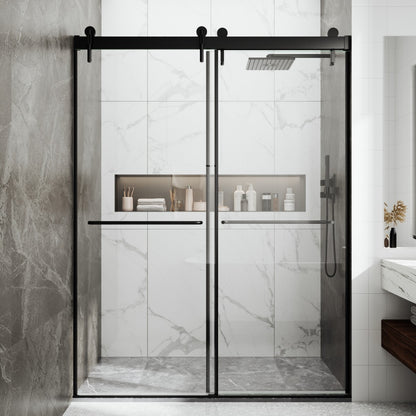 56"-60"W x 78"H Sliding Glass Shower Doors Semi-Frameless in matte black with soft-close double sliding panels for modern bathroom renovation.