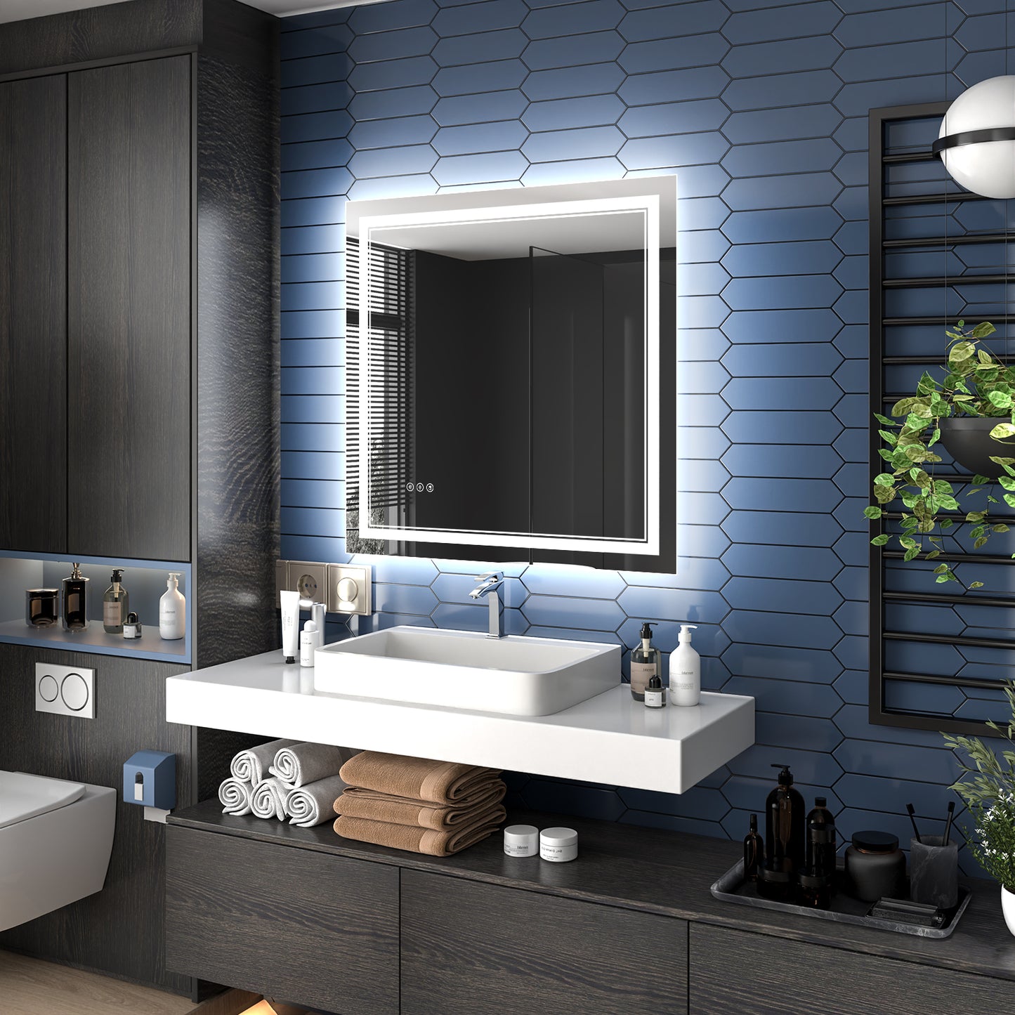 Linea 36" W x 36" H LED Heated Bathroom Mirror,Anti Fog,Dimmable,Front-Lighted and Backlit, Tempered Glass