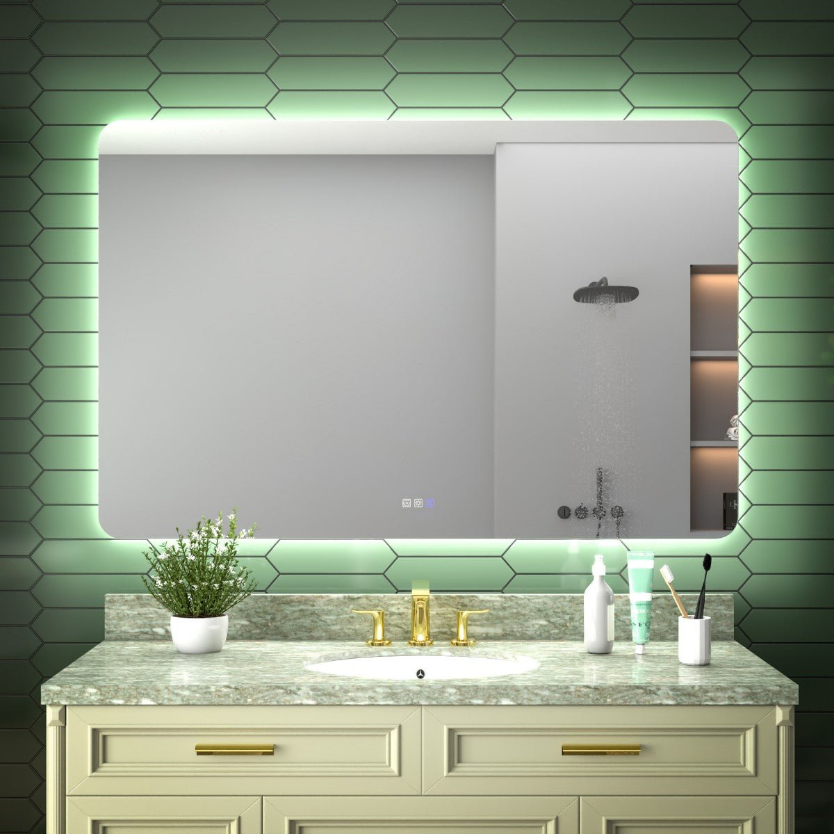 Bathroom vanity with a large mirror, sink, and decorative elements against a green tiled wall.