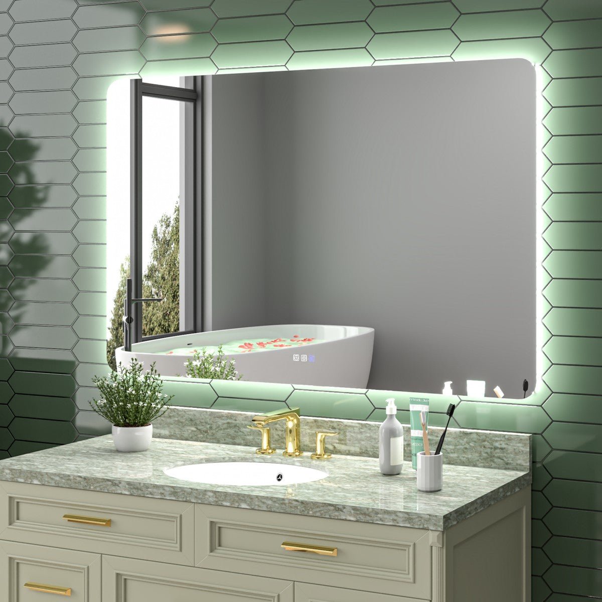 Modern bathroom with a vanity, sink, and decorative elements.