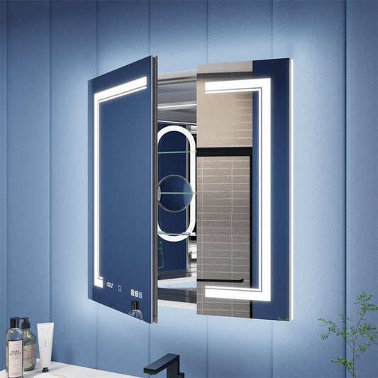 Illusion-B 30 x 32 inch LED medicine cabinet with open mirrored doors and adjustable interior storage