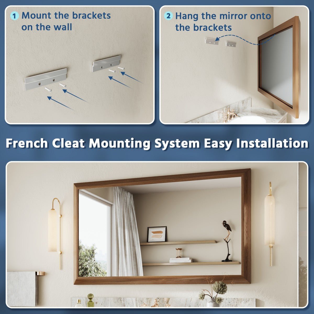 Bathroom Wall Mirrors 55"x32" | Nolhurst Dark Wood Grain Aluminum Framed Mirror
