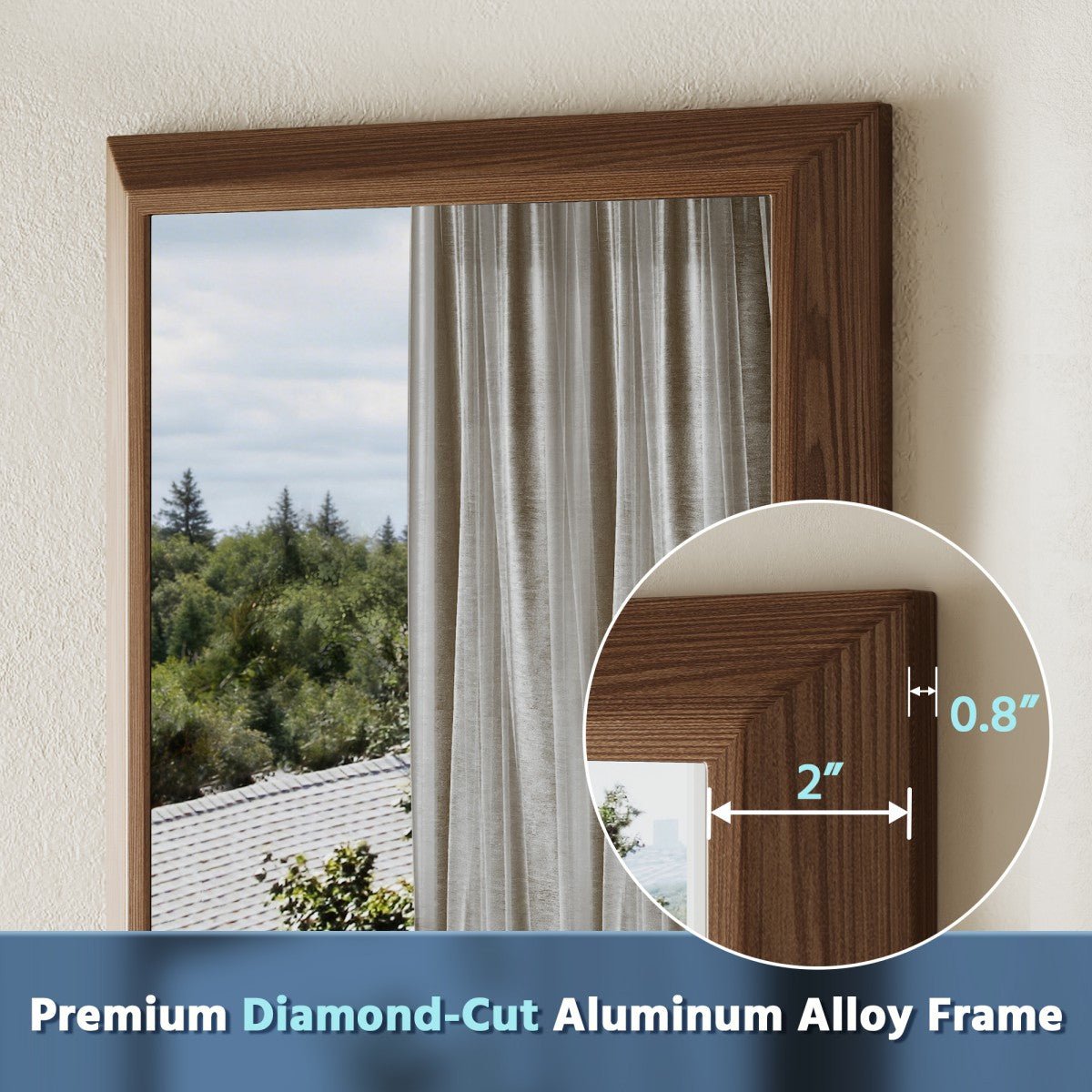 Bathroom Wall Mirrors 55"x32" | Nolhurst Dark Wood Grain Aluminum Framed Mirror